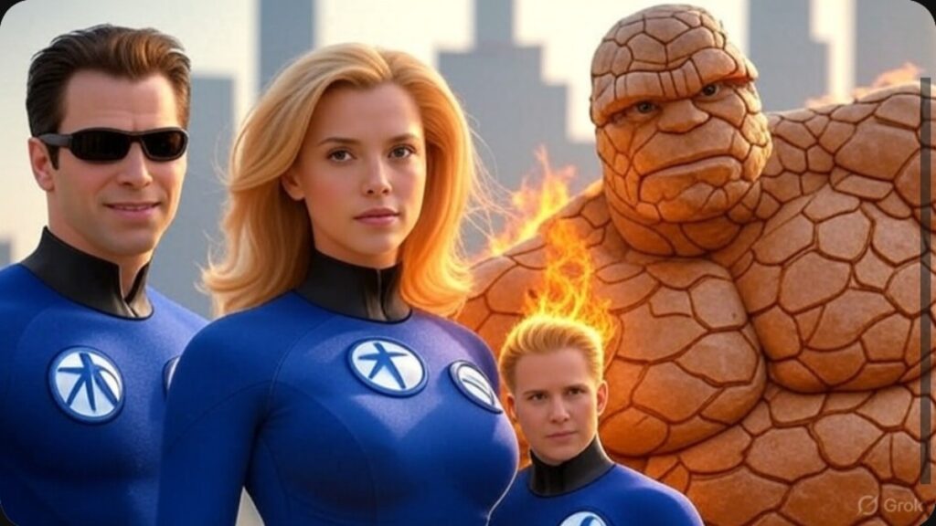 The Fantastic Four First Steps Poster Featuring Johnny Storm and Silver Surfer
