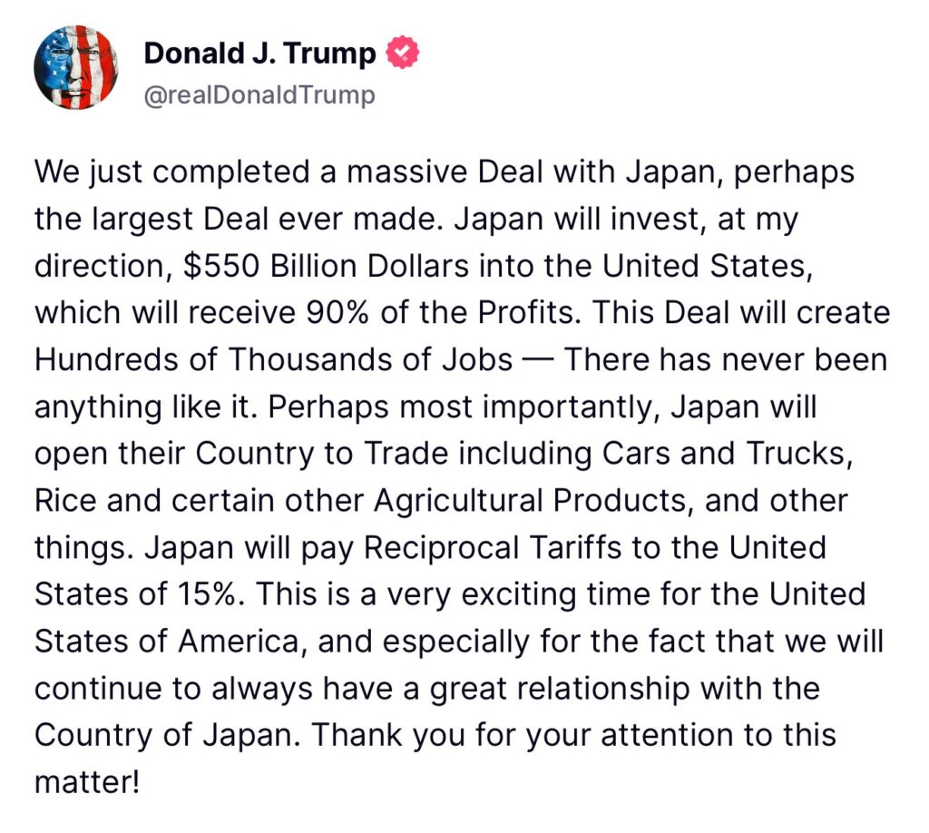 US President Donald Trump announced US-Japan Trade deal on Truth
