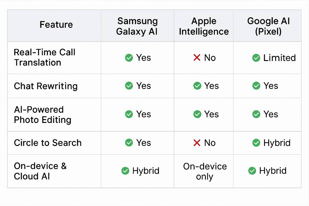 Samsung Galaxy AI vs Apple Intelligence vs Google AI comparison table