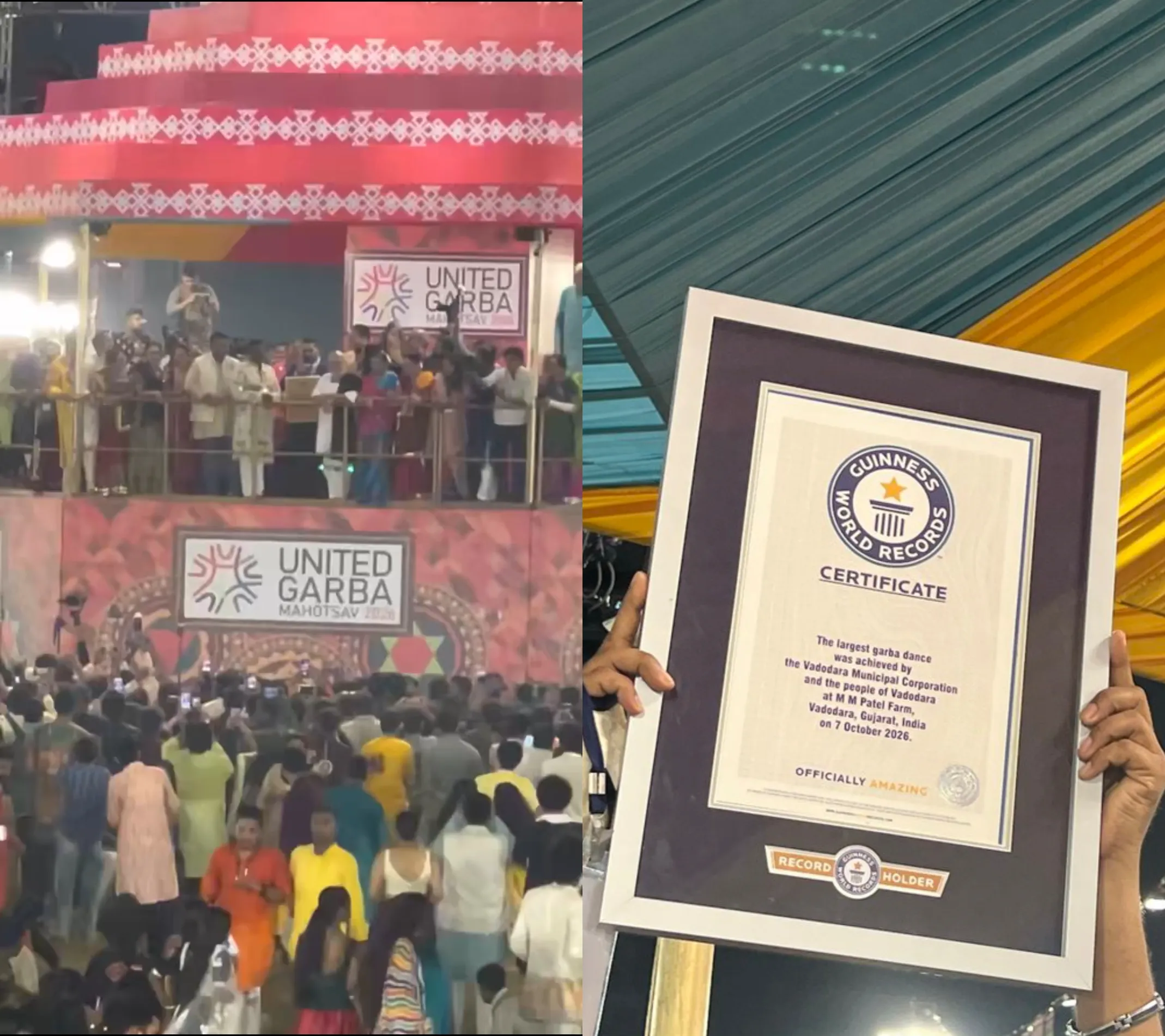 Vadodara Sets Guinness World Record for Largest Garba Dance with 46,818+ Participants 15 Vadodara Garba dance Guinness World Record certificate and participants at United Garba Mahotsav